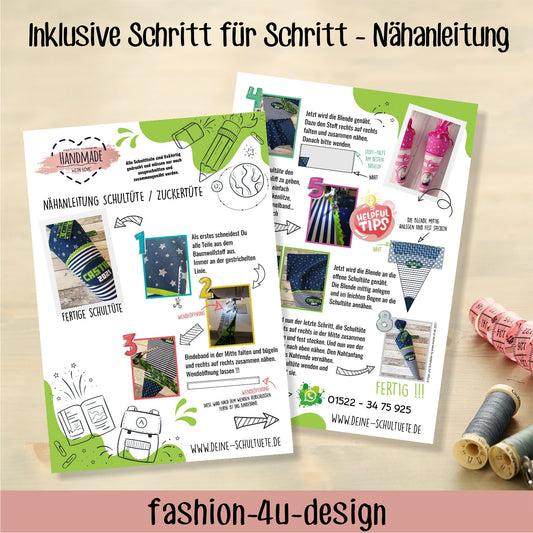 Schultüten Nähset - Muster + Unifarben: Shockwave Blue - Baumwoll-Panel zum selber nähen - 70 cm oder 85 cm + Geschwistertüte 35 cm