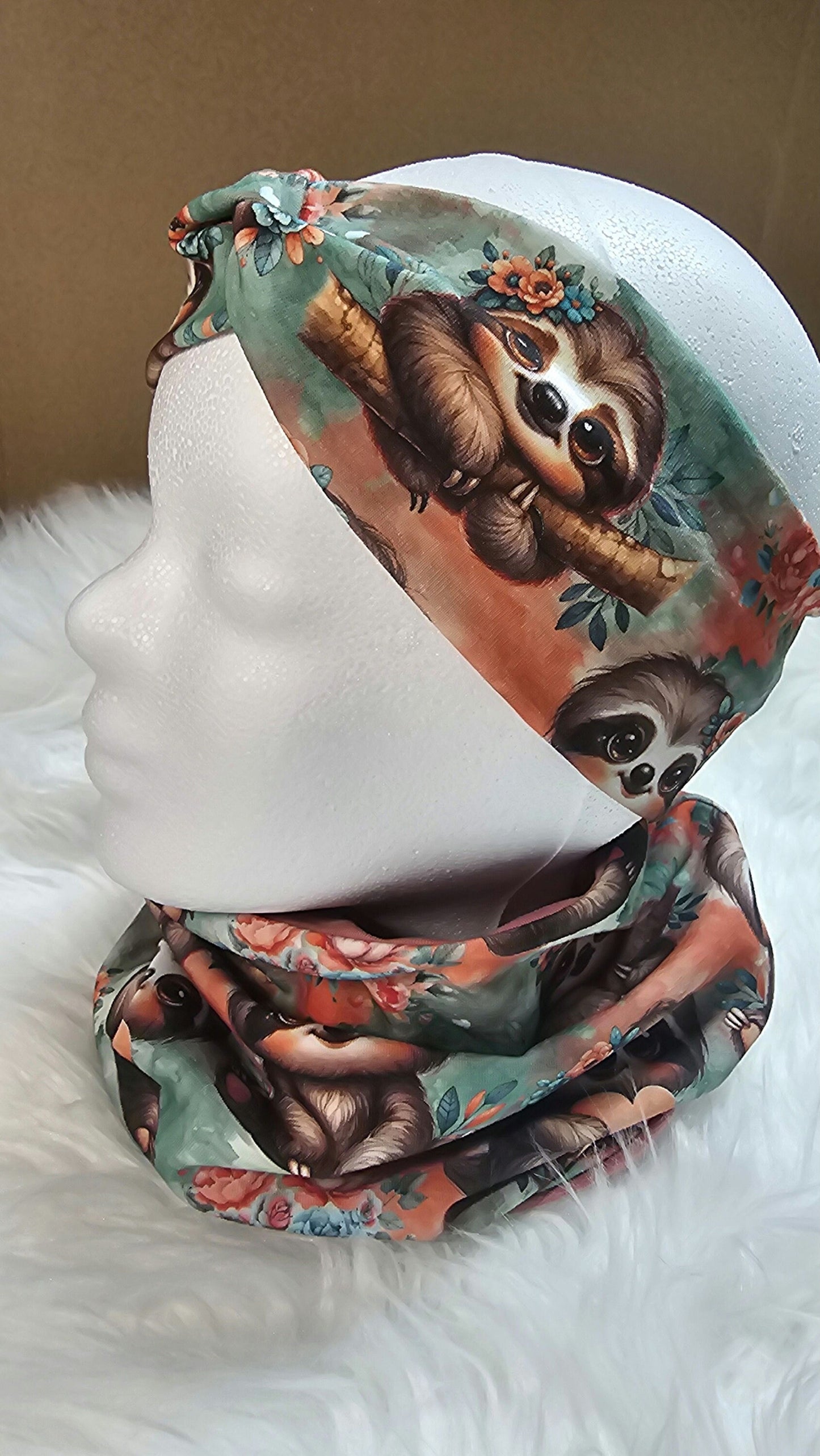 Stirnband und Loop mit Faultieraufdruck - Kopfumfang circa 50 cm - Faultier, Boho, Blumen, Mädchen,