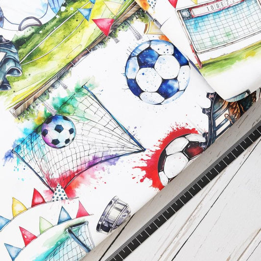 Baumwollsatin: Fußball Collage - perfekt für Schultüten, Accessoires zur Einschulung - Fußball, Soccer, Tor, Ball, Gewinner
