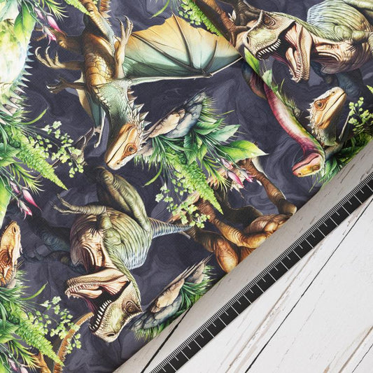 Baumwollsatin: Dinosaurier Collage - perfekt für Schultüten, Accessoires zur Einschulung - T-Rex, Dinos, Flugsaurier, Uhrzeit, Triceratops
