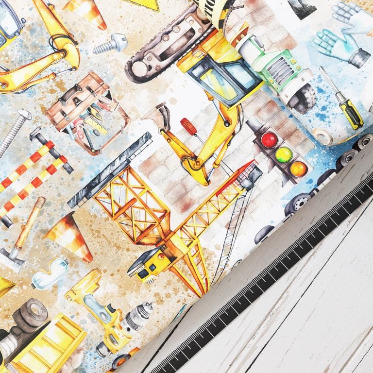 Baumwollsatin: Baustelle - perfekt für Schultüten, Accessoires zur Einschulung - Bauarbeiter, Bagger, Kran, Baustelle, LKW, Betonmischer