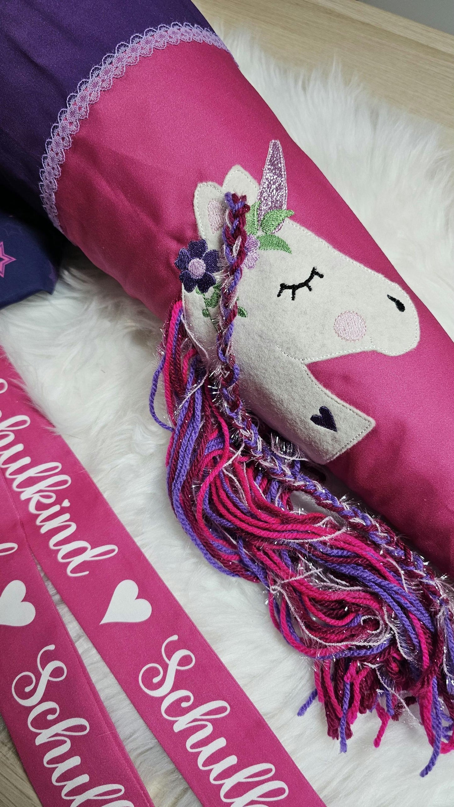 Schultüte mit Applikation / Stickerei / Stickmotiv - 70cm - Einhorn auf Pink Stars Peggy - ST162