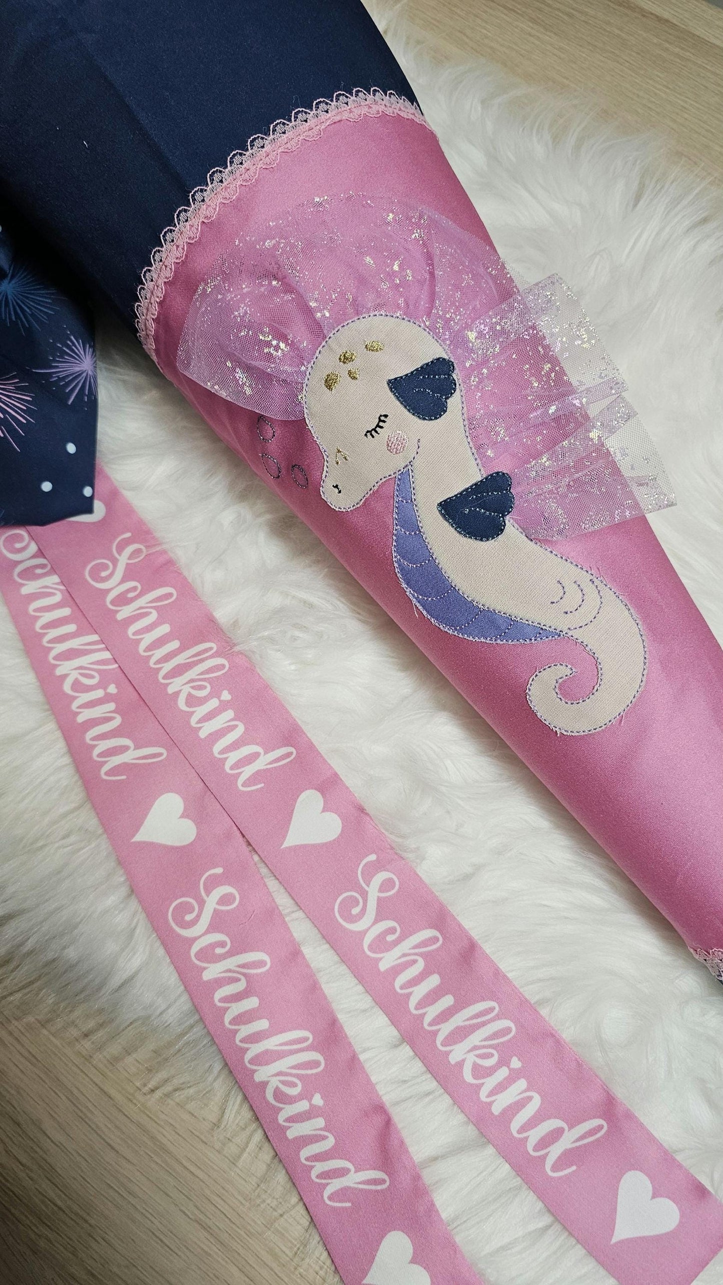 Schultüte mit Applikation / Stickerei / Stickmotiv - 70cm - Seepferdchen auf Unterwasser Feuerwerk - ST156