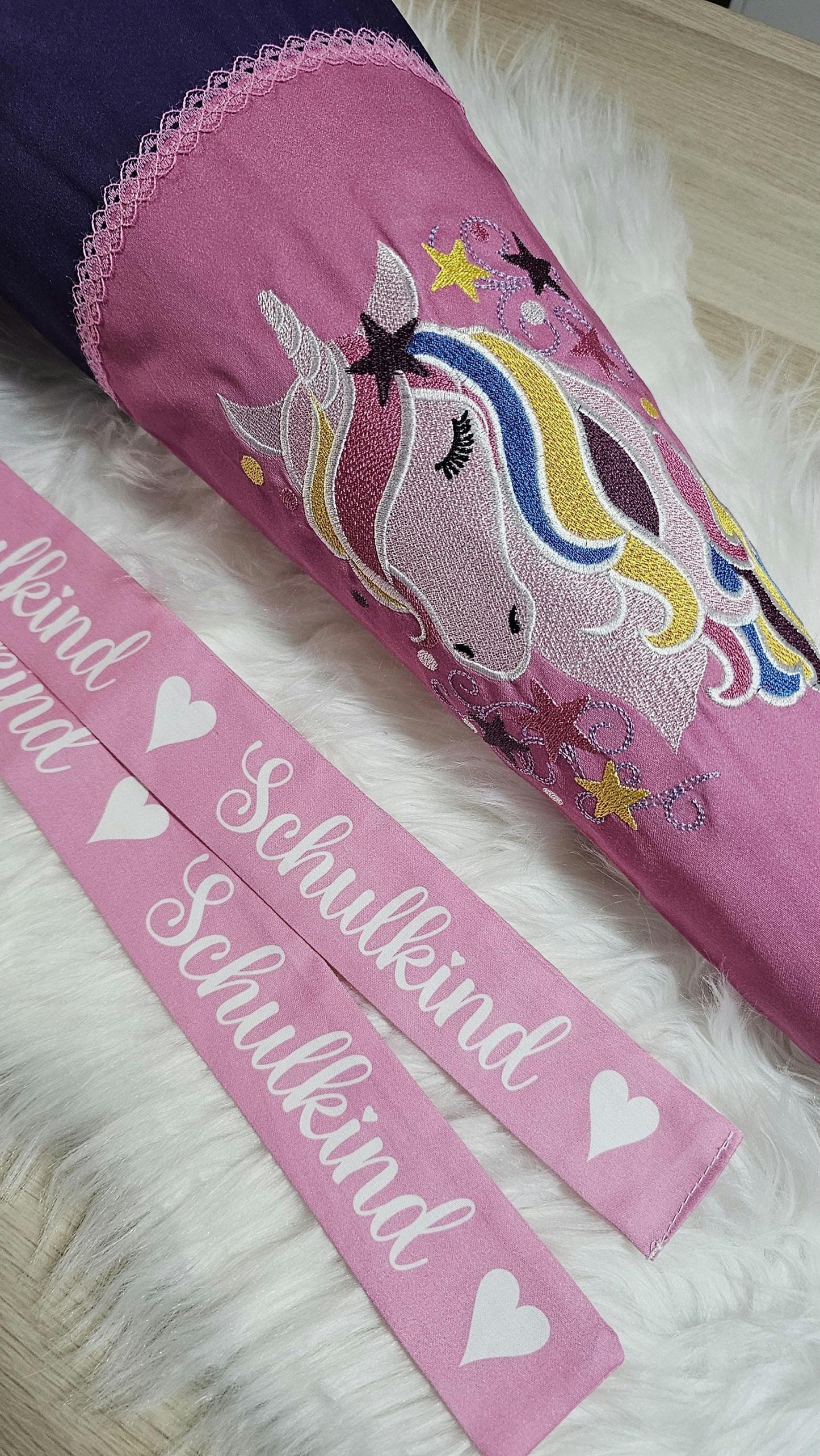 Schultüte mit Applikation / Stickerei / Stickmotiv - 70cm - Einhorn auf Farbverlauf Pink Türkis Lila - ST144