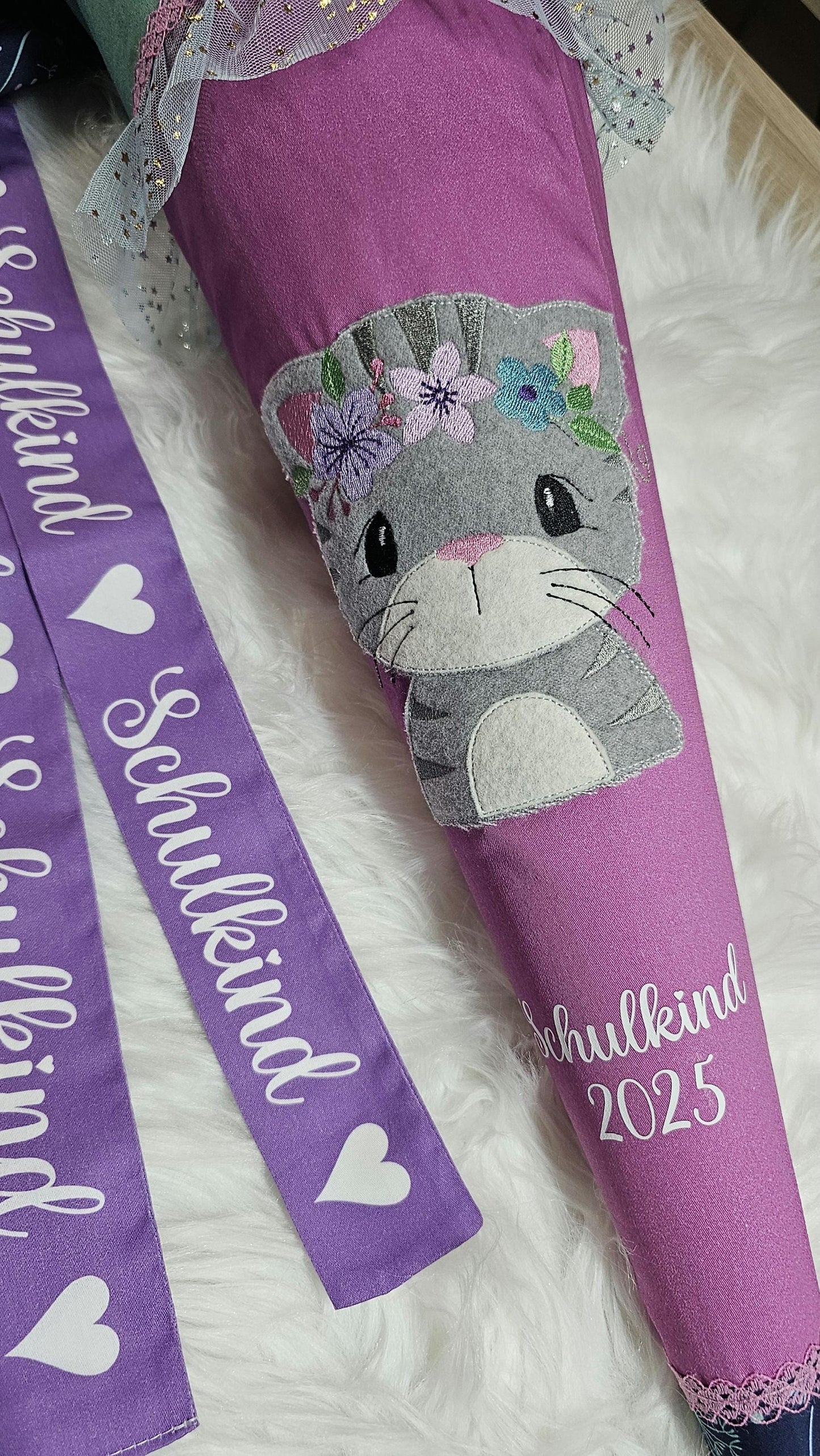 Schultüte mit Applikation / Stickerei / Stickmotiv - 70cm - Katze auf Pusteblume - ST141
