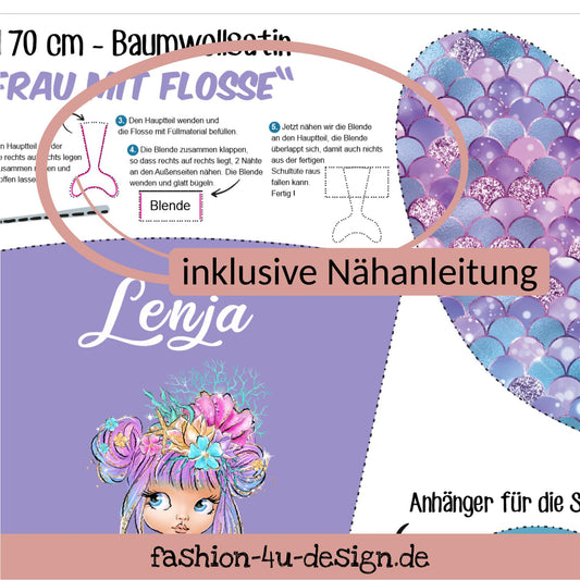 A007 Schultüte: Meerjungfrau mit Flosse - Baumwoll-Panel zum selber nähen - DIY Näh-Set 70 cm - mit Namen & Schulkind 2026
