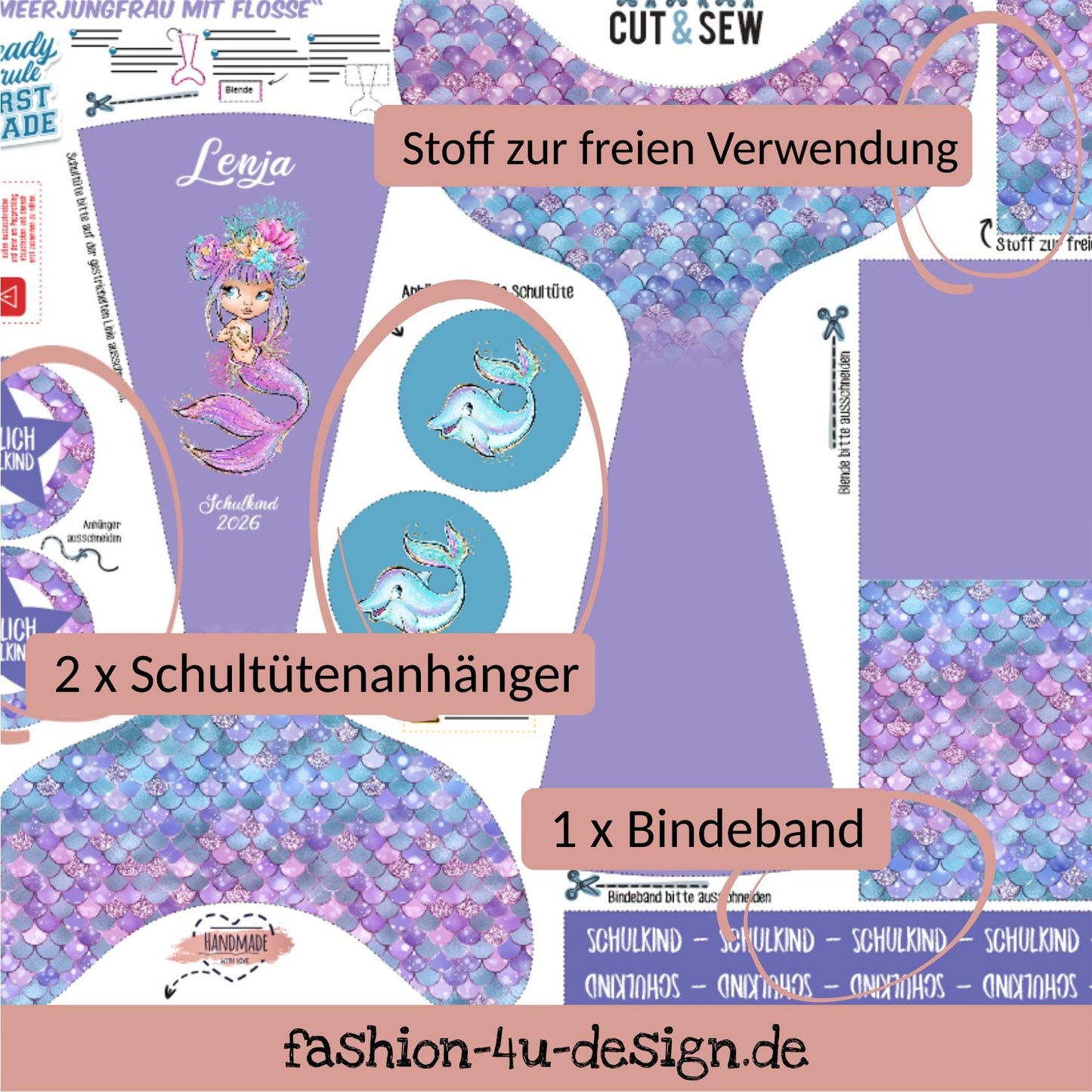 A008 Schultüte: Meerjungfrau mit Flosse - Baumwoll-Panel zum selber nähen - DIY Näh-Set 70 cm - mit Namen & Schulkind 2026
