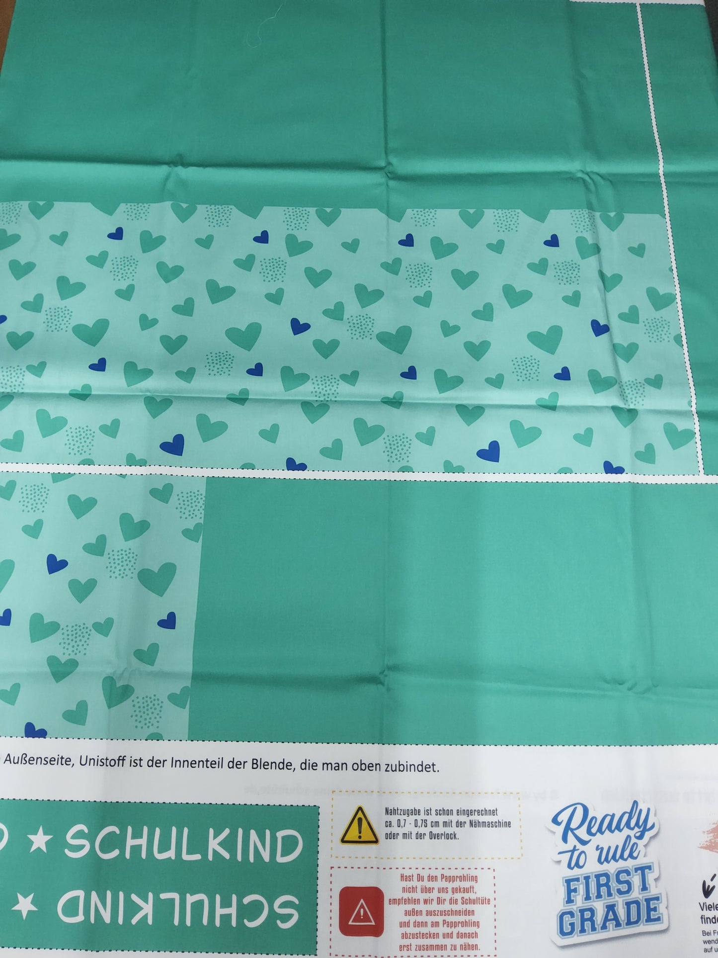 Sofortkauf: Schultüten Nähset - Muster + Geschwistertüte- Türkise Herzen- Baumwoll-Panel zum selber nähen - 70 cm und 35 cm