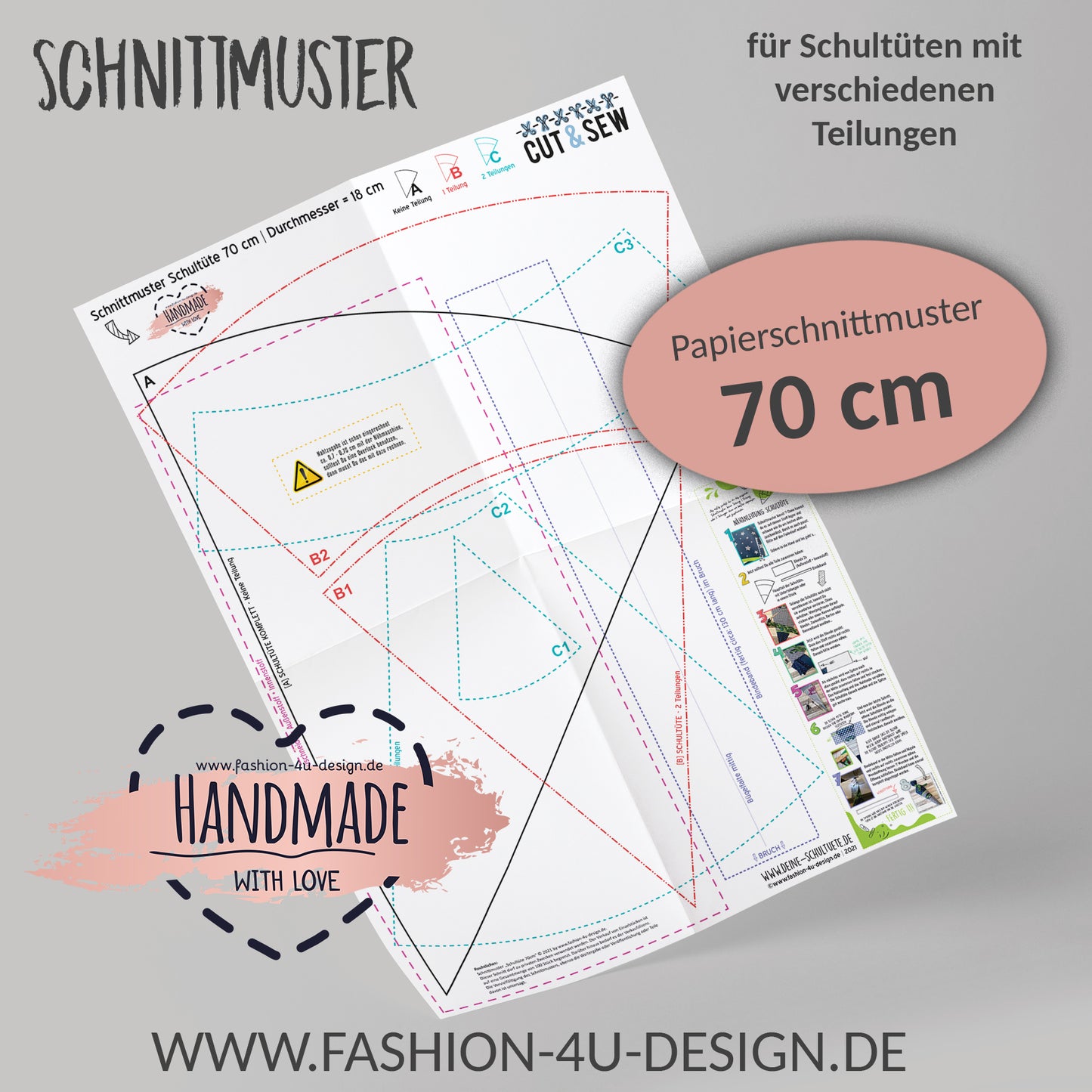 Schnittmuster auf Papier - 70 cm Schultüte - 3 Versionen inkl. Anleitung