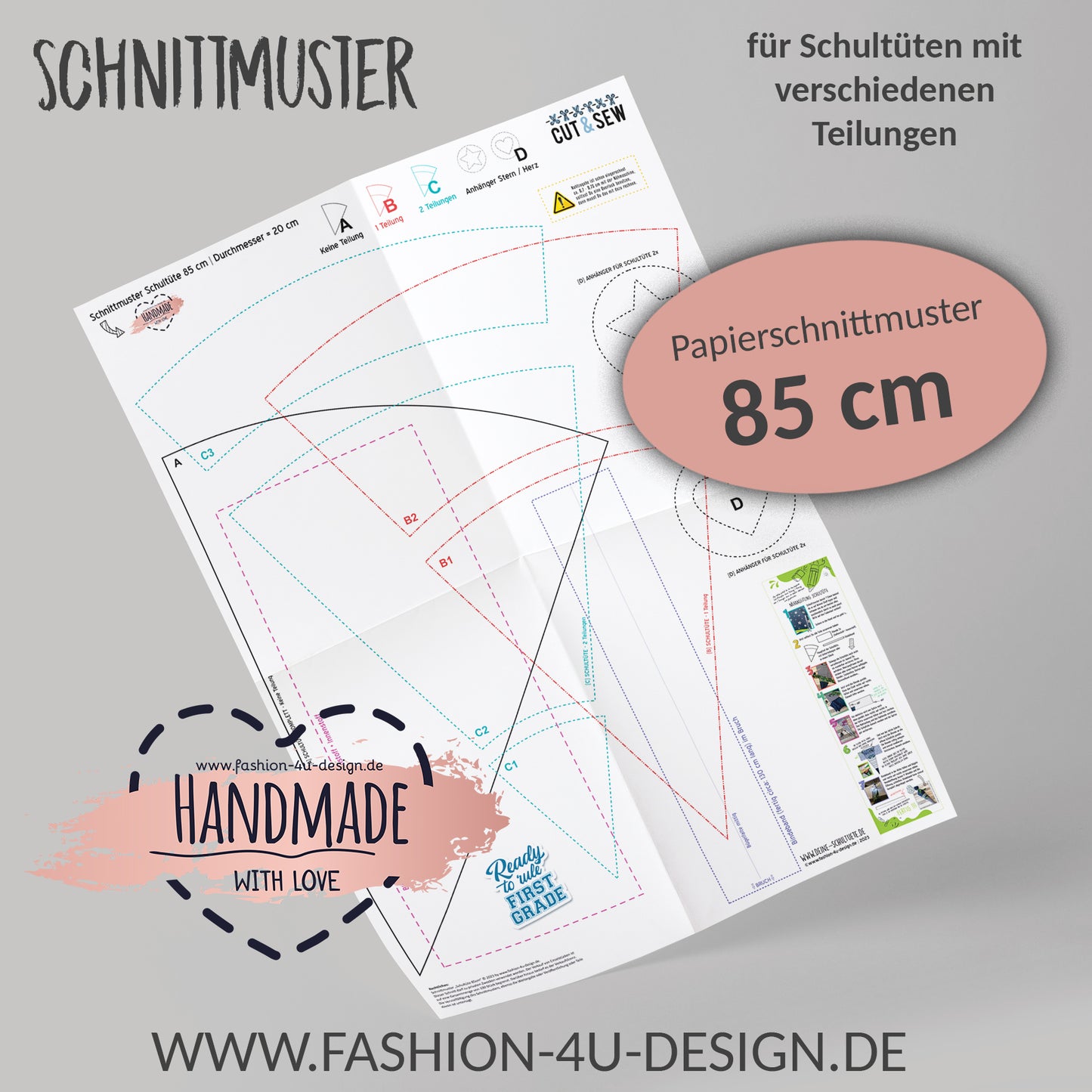 Schnittmuster auf Papier - 85 cm Schultüte - 3 Versionen inkl. Anleitung