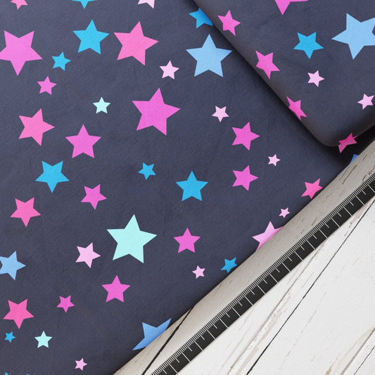 Baumwollsatin: Sterne Bunt - perfekt für Schultüten, Accessoires zur Einschulung - Stars, Colorful, Pink