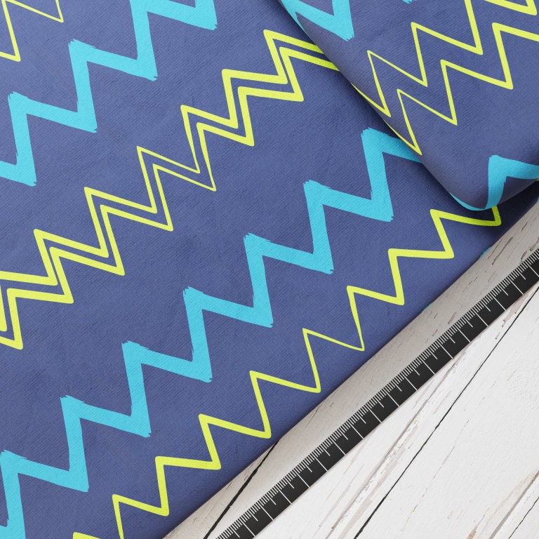 Baumwollsatin: ZickZack Blau - perfekt für Schultüten, Accessoires zur Einschulung - Zacken, Linien, Wellen