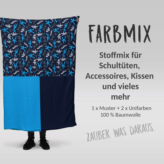 Stoffmix PANEL: Camouflage Blau (97 cm x 150 cm) - perfekt für Schultüten & Accessoires zur Einschulung | Kleckse, Farbspritzer, Blue,Splash