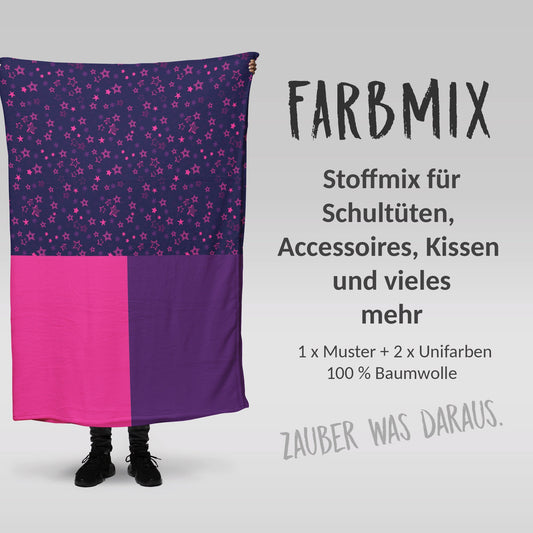 Stoffmix PANEL: Pink Stars Peggy (97 cm x 150 cm) - perfekt für Schultüten & Accessoires zur Einschulung | Pferd, Einhorn, Sterne
