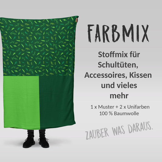Stoffmix PANEL: Blitze Grün (97 cm x 150 cm) - perfekt für Schultüten & Accessoires zur Einschulung | Gewitter, Green, Lightning