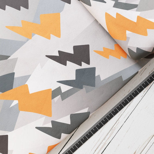 Baumwollsatin: Blitze Grau-Orange - perfekt für Schultüten, Accessoires zur Einschulung - Dino, Blitz, Lighning, Grau, Orange