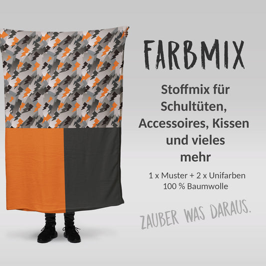 Stoffmix PANEL: Blitze Grau-Orange (97 cm x 150 cm) - perfekt für Schultüten & Accessoires zur Einschulung | Dino, Lightning, Grau, Orange