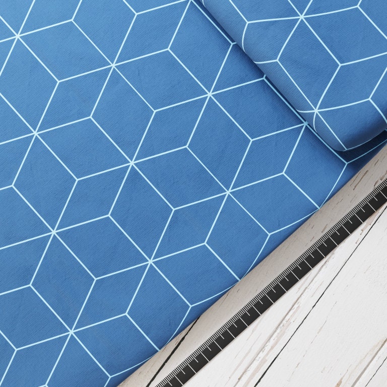 Baumwollsatin: Cubes Allover- perfekt für Schultüten, Accessoires zur Einschulung - Dragon, Drache, Würfel, Blau