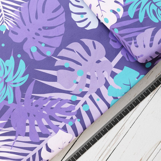 Baumwollsatin: Jungle Leaves Purple - perfekt für Schulüten, Accessoires zur Einschulung - Dschungel, Blätter, Lila, Tropische Blätter
