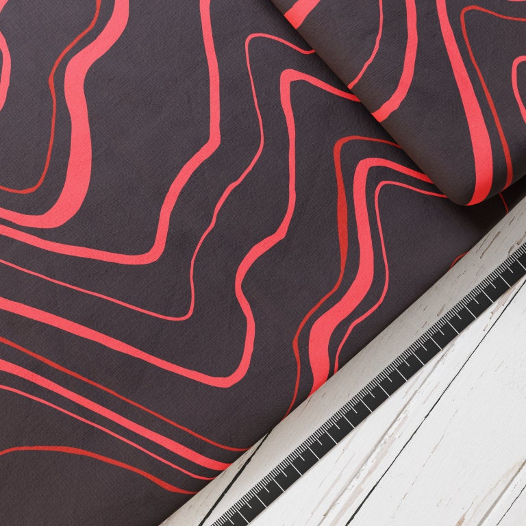 Baumwollsatin: Volcano Red - perfekt für Schulüten, Accessoires zur Einschulung - Drache, Wellen, Rot, Linien, Vulkan