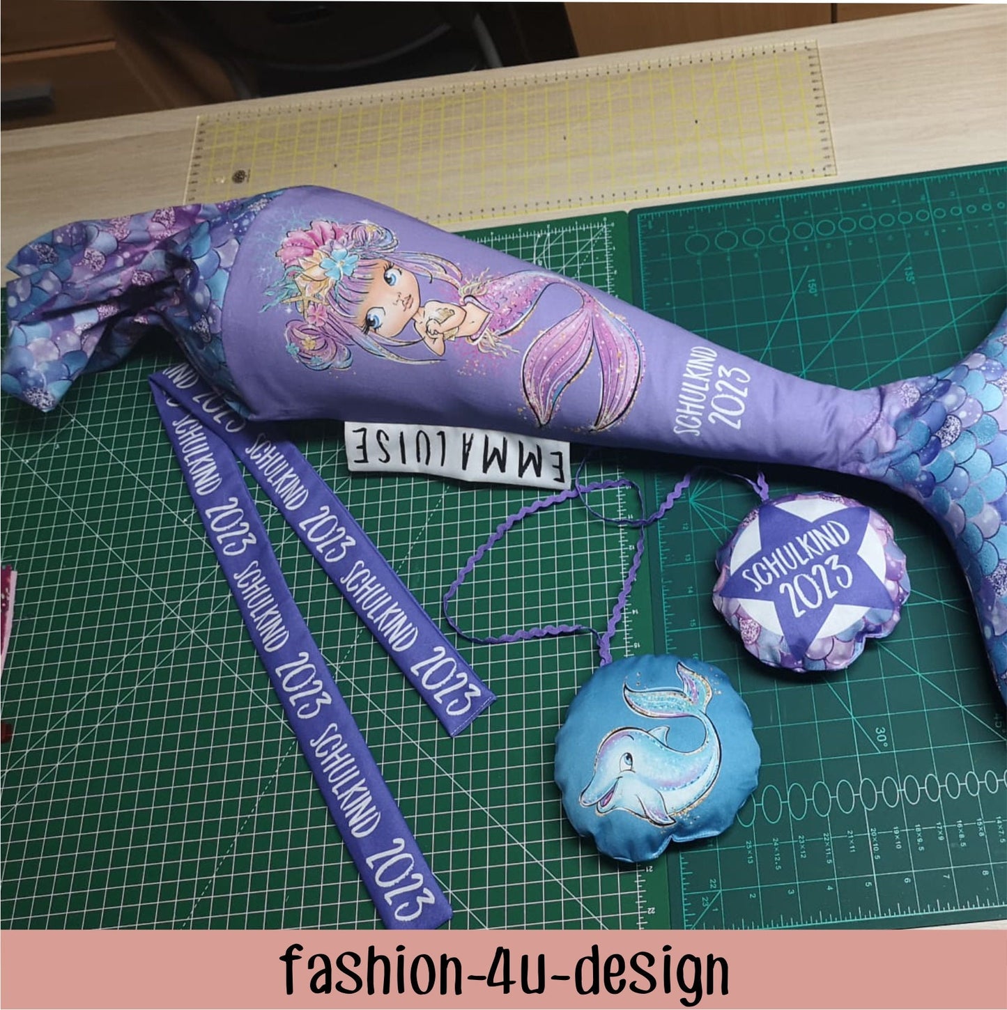A005 Schultüte/Zuckertüte: Meerjungfrau mit Flosse - Baumwoll-Panel zum selber nähen - DIY Näh-Set 70 cm - mit Namen & Schulkind 2024