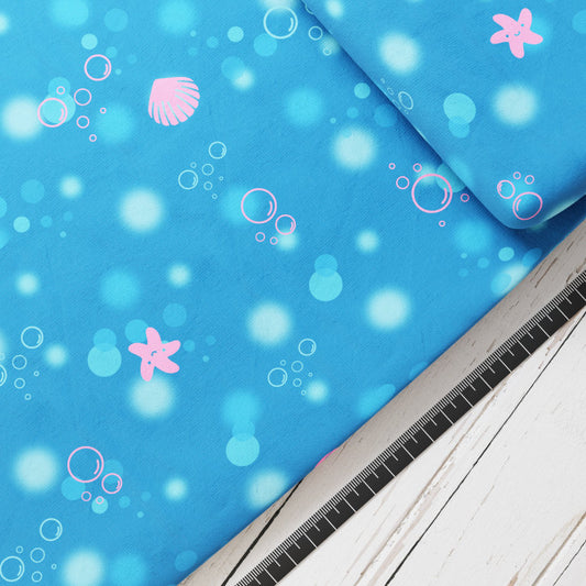 Baumwollsatin: Unterwasser Aqua - perfekt für Schultüten, Accessoires zur Einschulung - Meerjungfrau, Luftblasen, Bubbles, Seestern, Muschel