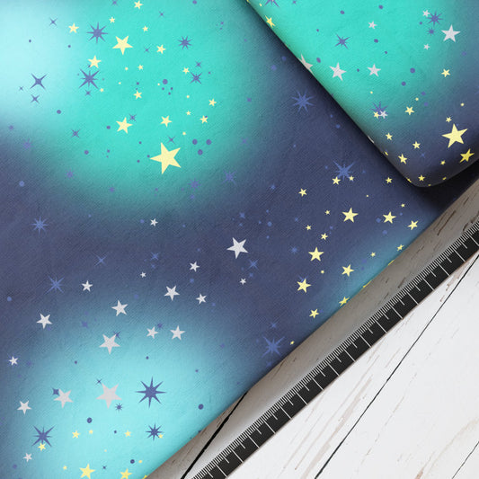 Baumwollsatin: Universum Türkis - perfekt für Schultüten, Accessoires zur Einschulung - Galaxie, Universe, Welttall, Weltraum, Himmel