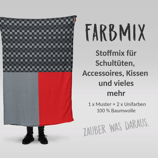 Stoffmix PANEL: Racing Grey (97 cm x 150 cm) - perfekt für Schultüten & Accessoires zur Einschulung | Autorennen, Graue Kästchen, Rennauto
