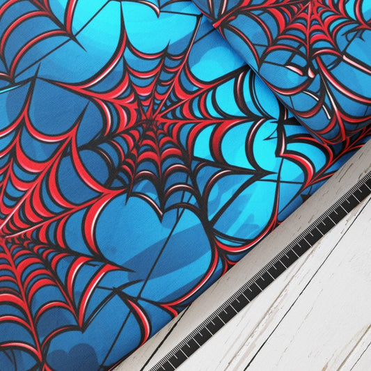 Baumwollsatin: Spinnennetz rot blau - perfekt für Schultüten, Accessoires zur Einschulung - Spinne, Spinnweben, Netz, Spider