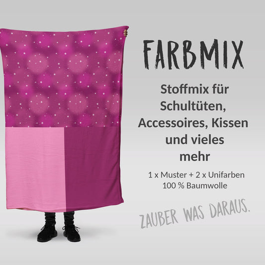 Stoffmix PANEL: Glitzerbeere (97 cm x 150 cm) - perfekt für Schultüten & Accessoires zur Einschulung | Einhorn, Regenboogen, Pink, Sterne
