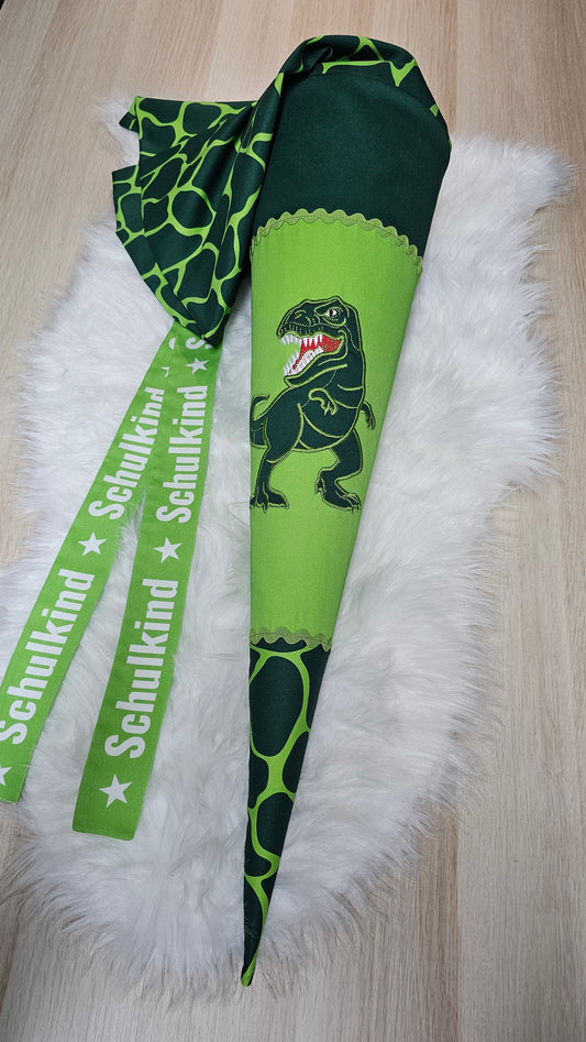 Schultüte mit Applikation - 70cm - Dino auf Dino Schuppen grün - ST20