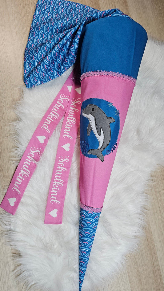 Schultüte mit Applikation - 70cm - Delfin auf Regenbogen Bogen - ST26
