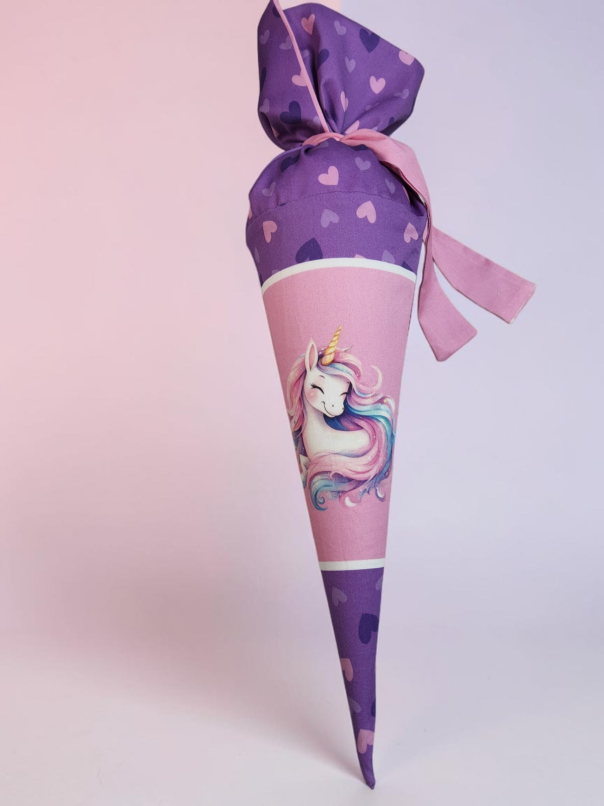 fashion4udesign Schultüte 35cm mit Einhorn Motiv und lila Herzchen Stoff aus Baumwolle inklusive Papprohling