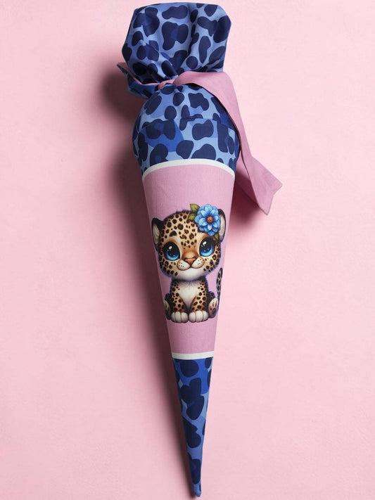 fashion4udesign Geschwistertüte 35cm mit blauem Leopardenmuster, rosa Einsatz und süßem Geparden-Motiv mit Blume