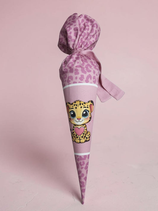fashion4udesign Geschwistertüte 35cm in Rosa mit Leopardenmuster und süßem Leo-Motiv mit Herz aus Baumwolle
