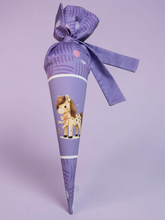 fashion4udesign Geschwistertüte 35cm in Lavendel mit Pony-Motiv und Bindeband aus Baumwolle für die Einschulung