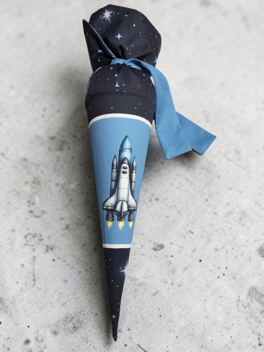 fashion4udesign Geschwistertüte 35 cm mit Raketen-Motiv aus Baumwolle inklusive Papprohling und blauem Bindeband