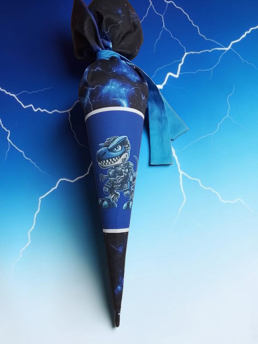 fashion4udesign Geschwistertüte 35cm mit Cyber T-Rex Motiv auf Weltraum-Hintergrund aus Baumwolle inkl. Bindeband