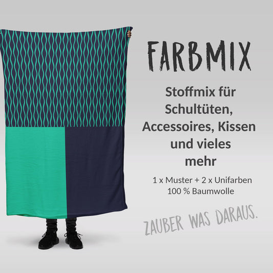 Stoffmix PANEL: Wellen Türkis (97 cm x 150 cm) - perfekt für Schultüten & Accessoires zur Einschulung | Waves, Linien, Dream, Traum