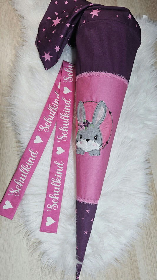 Schultüte mit Applikation / Stickerei / Stickmotiv  - 70cm - Hase auf Sterne rosa burgund - ST84