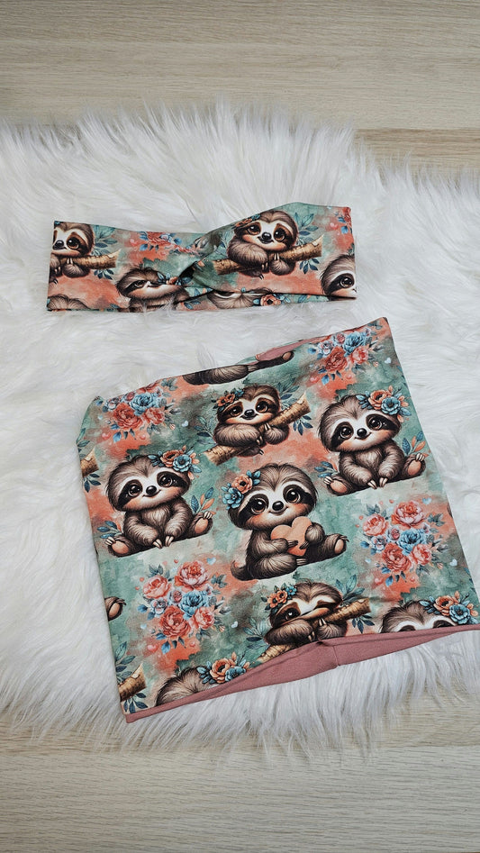 Stirnband und Loop mit Faultieraufdruck - Kopfumfang circa 50 cm - Faultier, Boho, Blumen, Mädchen,