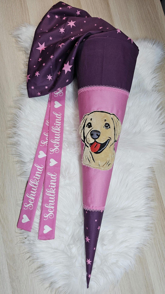 Schultüte mit Applikation / Stickerei / Stickmotiv  - 70cm - Hund auf Sterne rosa burgund - ST123