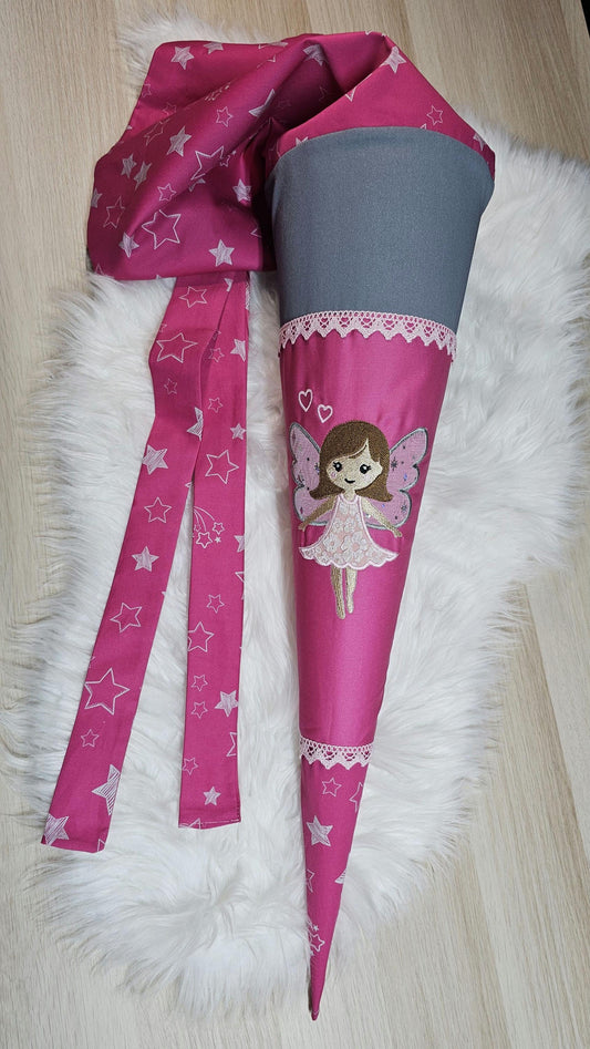 Schultüte mit Applikation / Stickerei / Stickmotiv  - 70cm - Fee auf Sterne Pink - ST96