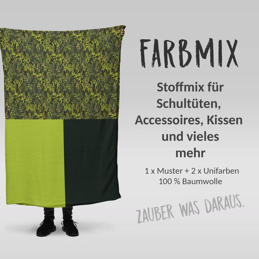 Stoffmix PANEL: Camouflage Dino (97 cm x 150 cm) - perfekt für Schultüten & Accessoires zur Einschulung | T-Rex, Uhrzeit, Dinos