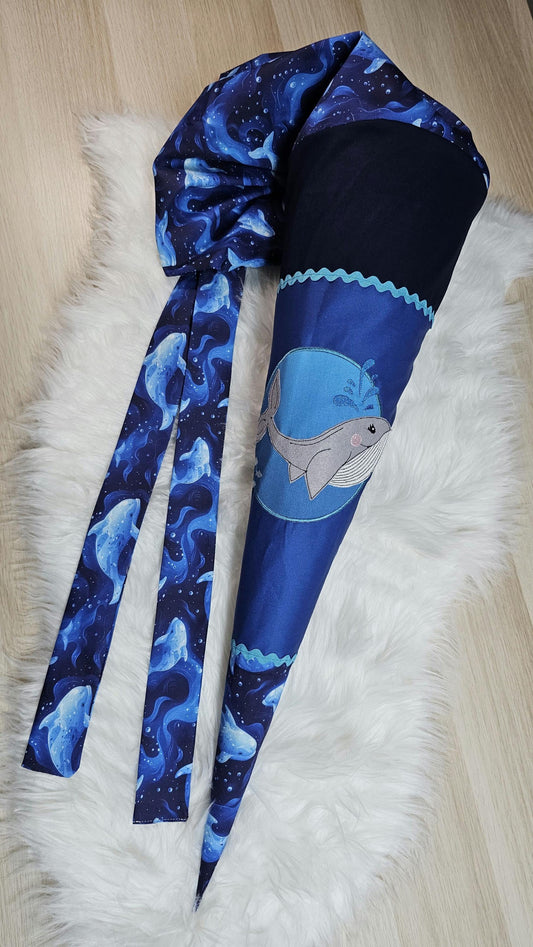 Schultüte mit Applikation / Stickerei / Stickmotiv  - 70cm - Wal auf wal Unterwasser Blau - ST59