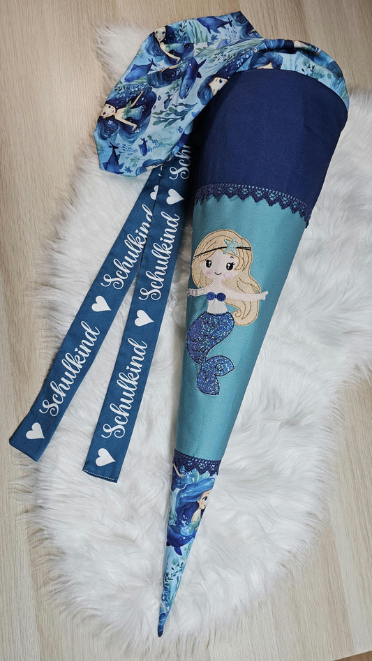 Schultüte mit Applikation / Stickerei / Stickmotiv  - 70cm - Meerjungfrau auf Kleine Meerjungfrau Türkis - ST79