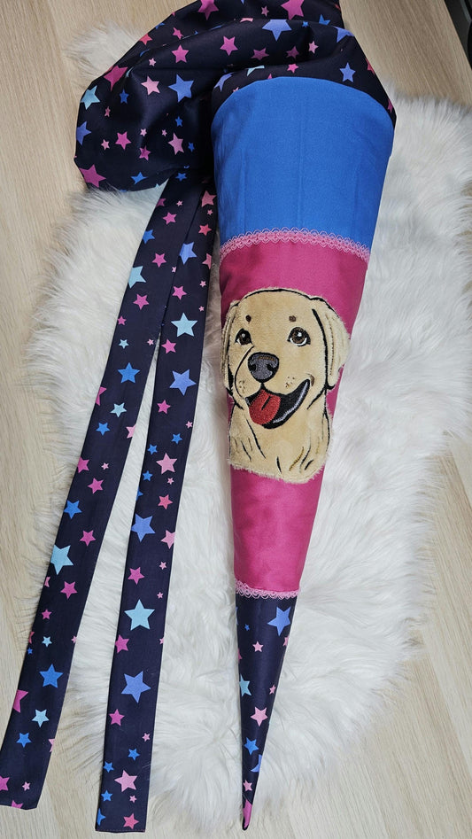 Schultüte mit Applikation / Stickerei / Stickmotiv  - 70cm - Hund auf Sterne bunt - ST17