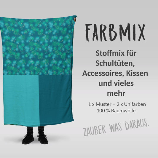 Stoffmix PANEL: Freiheit Türkis (97 cm x 150 cm) - perfekt für Schultüten & Accessoires zur Einschulung | Hund, Labrador, Husky, Punkte