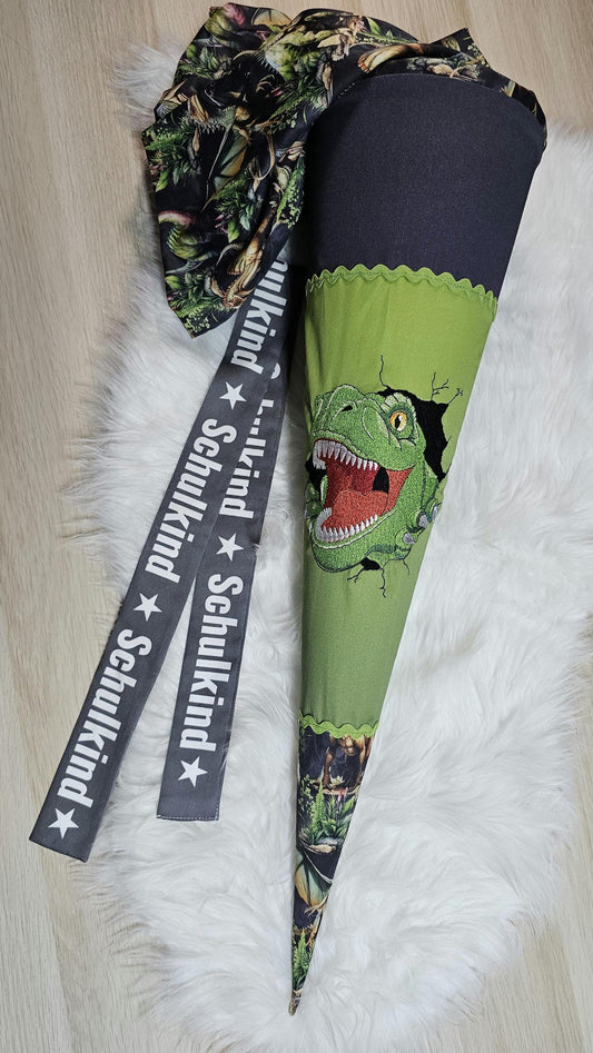 Schultüte mit Applikation / Stickerei / Stickmotiv  - 70cm - Dino auf Dinosaurier Collage - ST128