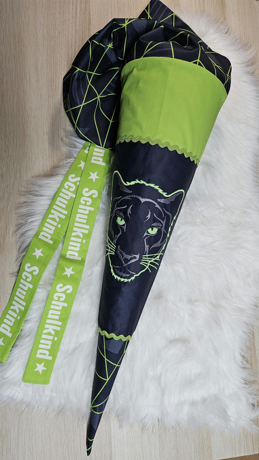 Schultüte mit Applikation / Stickerei / Stickmotiv  - 70cm - Panther auf Dark with Stripes - ST65